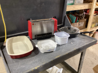 RONCO READY GRILL, CASSEROLE DISHES, FRYPAN W/LIDS , PAMPERED CHEF BOWL
