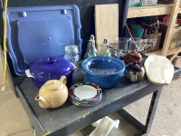 GOOD LIDDED TOTE + BOX W/TEAPOTS , CASSEROLE DISHES, CANDLE HOLDERS, LIGHT UPDECOR