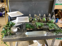 2 BOXES OF LIGHTED DECOR, 3 TIERED PASTRY SERVER, GREENERY, CANDLEABRA, TEAPOT