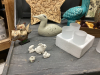 BOX W/ DECOR ITEMS - WICKER "STAR" BASKET, METAL BIRD, CERAMIC BIRD, PICTURES ON CANVAS, - 2