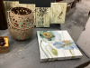 BOX W/ DECOR ITEMS - WICKER "STAR" BASKET, METAL BIRD, CERAMIC BIRD, PICTURES ON CANVAS, - 6