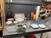 TOTE W/ MISC HOUSEHOLD ITEMS - ACRYLIC CUPS, BOWLS, (2) SQUARE CAKE PANS, (4) SMALL CORELLE PLATES, BLUE GLASSES ETC