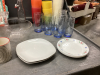 TOTE W/ MISC HOUSEHOLD ITEMS - ACRYLIC CUPS, BOWLS, (2) SQUARE CAKE PANS, (4) SMALL CORELLE PLATES, BLUE GLASSES ETC - 2