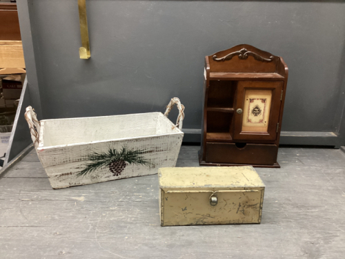 WOOD BOX W/HANDLES, SMALL WOOD CURIO CABINET, METAL BOX