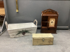 WOOD BOX W/HANDLES, SMALL WOOD CURIO CABINET, METAL BOX