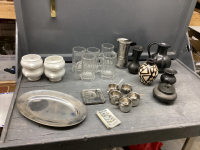 BOX W/ MISC HOUSEHOLD & DECOR ITEMS - TRAMONTINA SS CUPS/PLATES/SPOONS, GLASS STEINS, CERAMIC BOWLS W/ LIONS HEAD, POTTERY