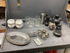 BOX W/ MISC HOUSEHOLD & DECOR ITEMS - TRAMONTINA SS CUPS/PLATES/SPOONS, GLASS STEINS, CERAMIC BOWLS W/ LIONS HEAD, POTTERY