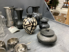 BOX W/ MISC HOUSEHOLD & DECOR ITEMS - TRAMONTINA SS CUPS/PLATES/SPOONS, GLASS STEINS, CERAMIC BOWLS W/ LIONS HEAD, POTTERY - 4