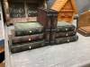 WOOD DECOR ITEMS - BOOK ENDS W/ DRAWERS, "CABIN" W/ DRAWERS, SHELF W/ HOOKS &. CHALKBOARD, WOOD SHELF - 2