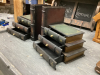 WOOD DECOR ITEMS - BOOK ENDS W/ DRAWERS, "CABIN" W/ DRAWERS, SHELF W/ HOOKS &. CHALKBOARD, WOOD SHELF - 3