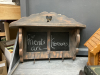 WOOD DECOR ITEMS - BOOK ENDS W/ DRAWERS, "CABIN" W/ DRAWERS, SHELF W/ HOOKS &. CHALKBOARD, WOOD SHELF - 7