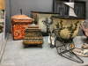 METAL DECOR ITEMS - (2) CONTAINERS W/ LIDS, (2) SMALL GARBAGE CANS, (2) BOWLS, TIN "DOG", ETC - 2