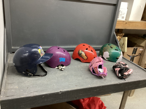 VARIETY OF HELMETS & (2) KIDS PINK BASEBALL GLOVES