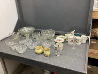 VINTAGE GLASSWARE - FRUIT BOWLS, SALT & PEPPER, BOWLS, VASES, MISC PLATES, SHOT GLASSES