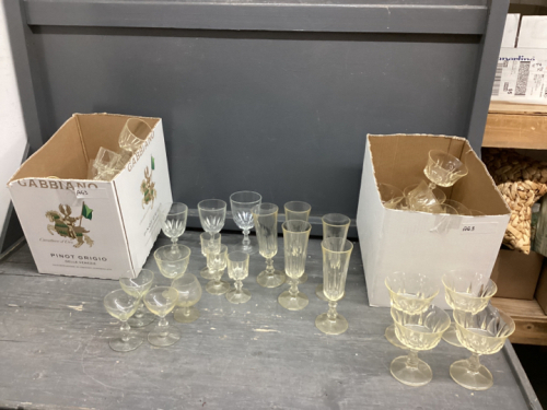 (2) BOXES GLASSWARE - CHAMPAGNE GLASSES, DESSERT BOWLS, BRANDY, WINE ETC