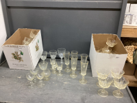 (2) BOXES GLASSWARE - CHAMPAGNE GLASSES, DESSERT BOWLS, BRANDY, WINE ETC