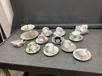 VINTAGE TEA CUPS & SALUCERS, TIERED DESSERT SERVER, CREAMER