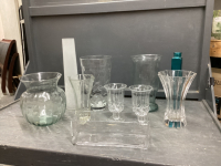 VARIETY OF VASES - MOSTLY CLEAR GLASS, (1) HEAVY CRYSTAL