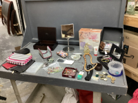 BOX W/ BEAUTY PRODUCTS - COSTUME JEWELRY, MAKEUP POUCHES, TRINKET BOXES, MIRROR, SPA BOOTIES,