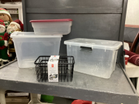 (3) SMALL STORAGE LIDDED TOTE & WIRE STORAGE BASKETS