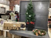 (2) 4' LIGHTED POTTED CHRISTMAS TREES - BATTERY & A WREATH