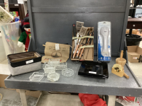 BOX W/ MISC HOUSEHOLD ITEMS - BBQ UTENSILS, GLASS ASHTRAYS, WOOD MORTAR & PESTLE, (3) BLACK PLATES, SUCTION GRAB BAR
