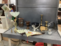 BOX W/ HALLOWEEN BOWL, HAND FANS, CANDLE HOLDERS, MINI BRASS ITEMS