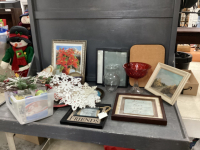 GOOD LIDDED TOTE W/ PICTURES, PICTURE FRAMES, RED BOWL ON STAND, SOME CHRISTMAS DECOR
