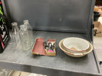 (9) VINTAGE GLASS MILK BOTTLES, TUDORPLATE SILVER WARE AND (2) ENAMELWARE BOWLS