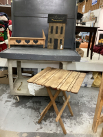 WOOD FOLDING TABLE, WOOD SHELF W/ HOOKS, WOOD WELCOME SIGN,