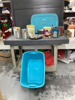 GOOD LIDDED TOTE W/ COLLECTIBLE TINS, METAL CANISTERS, COOLER BAG