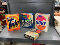 TOTE W/BOXES OF VINTAGE LAUNDRY DETERGENTS (MOSTLY FULL) AND EMPTY MAPLE LEAG SOAP FLAKES