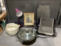ELECTRIC KETTLE, S/S FRYPAN W/LID, DESK LAMP, WAFFLE MAKER, ROCK TWO SIDED GRIDDLE, JESUS PICTURE