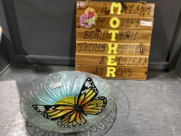 2 ITEMS - GLASS BUTTERFLY BIRD BATH W/ METAL STAND + HANDMADE MOTHER SIGN