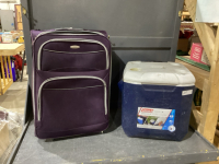 SAMSONITE WHEELED SUITCASE, COLEMAN COOLER W/WHEELS