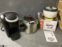 3 ITEMS - KEURIG COFFEE MAKER, B+D RICE COOKER, 6L PRESSURE COOKER