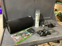 2 ITEMS - ROAD MASTER SPEAKER + X BOX 360 CONSOLE, CONTROLLERS + GAMES