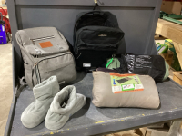 2 BACKPACKS, MASSAGING SLIPPERS, QUEEN AIR MATTRESS, SLEEPING BAG