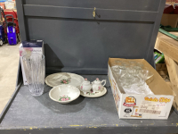 BOX W/VINTAGE SERVING PLATTER, CREAM + SUGAR, BOWL, WINE GLASSES