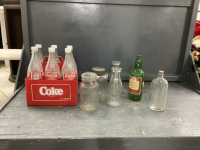 COCA-COLA BOTTLES IN PLASTIC CADDY AND MISC VINTAGE BOTTLES