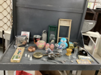 BOX OF MISC COLLECTIBLES - OLD TOASTER, SALT & PEPPER W/ BOWL, SILVERPLATE SERVING SPOONS, THIMBLES, SMALL BED WARMER