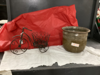 METAL DECOR BIKE W/ PLANT POT HOLDER & POTTERY PLANT POT