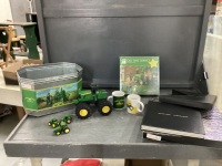 JOHN DEERE COLLECTION - GALVANIZED CONTAINER, PUZZLE, PLASTIC TRACTOR, (3) SMALL TRACTORS, COFFEE MUGS, LARGE LTD EDITION BOOK