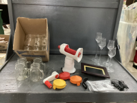 (2) BOXES MISC HOUSEHOLD - CANDLE HOLDERS, VEGGIE SPIRALIZER, DRINKING GLASSES, DIGITAL PHOTO FRAME