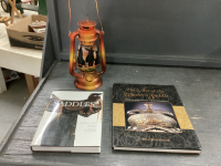FLAT. W/ PAINTED BARN LANTERN, (2) WESTERN SADDLE BOOKS