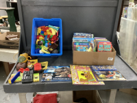 BOX OF KIDS/YOUTH BOOKS AND DUPLO BLOCKS IN SMALL BLUE TOTE