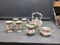 PORCELAIN TEA SET - "BROWN BOTANICAL" - COFFEE POT, MUGS, CREAM & SUGAR
