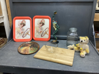 BOX W/ WOOD CUTTING BOARD, METAL COCA-COLA TRAYS, FUNKY FROG DECOR, GLASS STORAGE JAR, "HONEY" BEAR