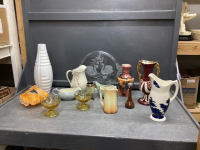 VINTAGE MISC DECOR ITEMS - VASES, ORANGE GLASS CANDY DISH, AMBER CANDY BOWLS, WATER PITCHERS, "SWAN" GLASS PLATTER,
