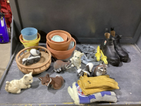 BOX PLANTER POTS, YARD KNICK-KNACKS, CLOTHESLINE PULLEYS, WORK GLOVES & BOOTS